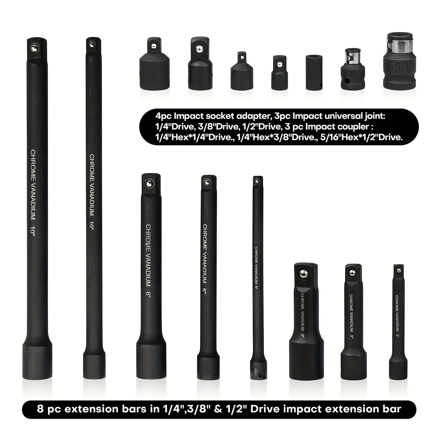 18-Piece Impact Socket Extension & Adapter Set for Mechanics, Multi-Size 1/4"-3/8"-1/2" Drive Extension Rods, Universal Joints, Socket Adapters with Storage Case for Impact Drills