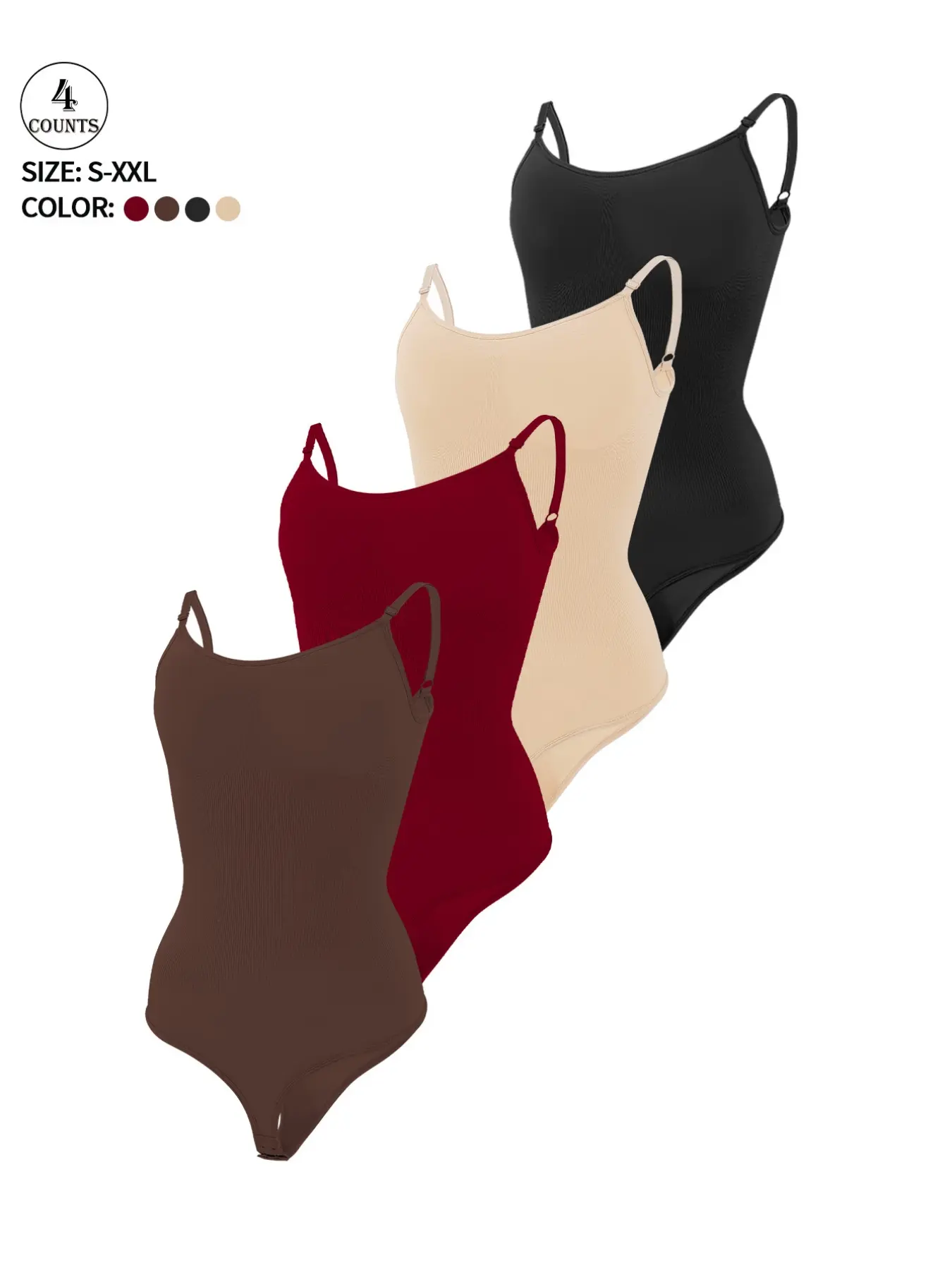 4 Pack Solid Color High Stretch Body Shaping Body Shaper Shapewear Women's Shapewear Breastless Adjustable Suspender Thong Crotch Breast Daily Casual Sexy Sports One-Piece Suspender Versatile Underwear Women's Shapewear Bodysuit Minimalist Womenswear