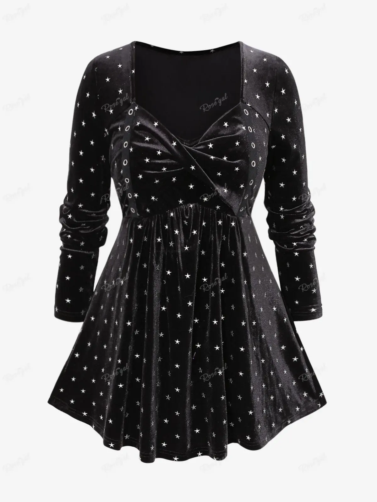Rgothic Women's Plus Size Gothic Pentagram Print Polyester Velvet Long Sleeve Casual T-Shirt with Ruched Twist Front, Grommet Detail, Fabric, Fit, Party, Regular Fit