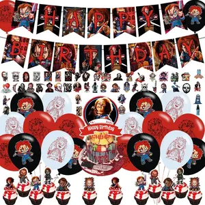 Party Decorations,Birthday Supplies For Horror Movie Includes Banner - Cake Topper 12 Cupcake Toppers 18 Balloons -50 Stickers