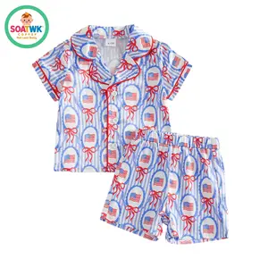 Little Girl 4th of July Pajamas Set Bow American Flag Print Short Sleeve Lapel Button Down Satin Tops with Shorts Sleepwear