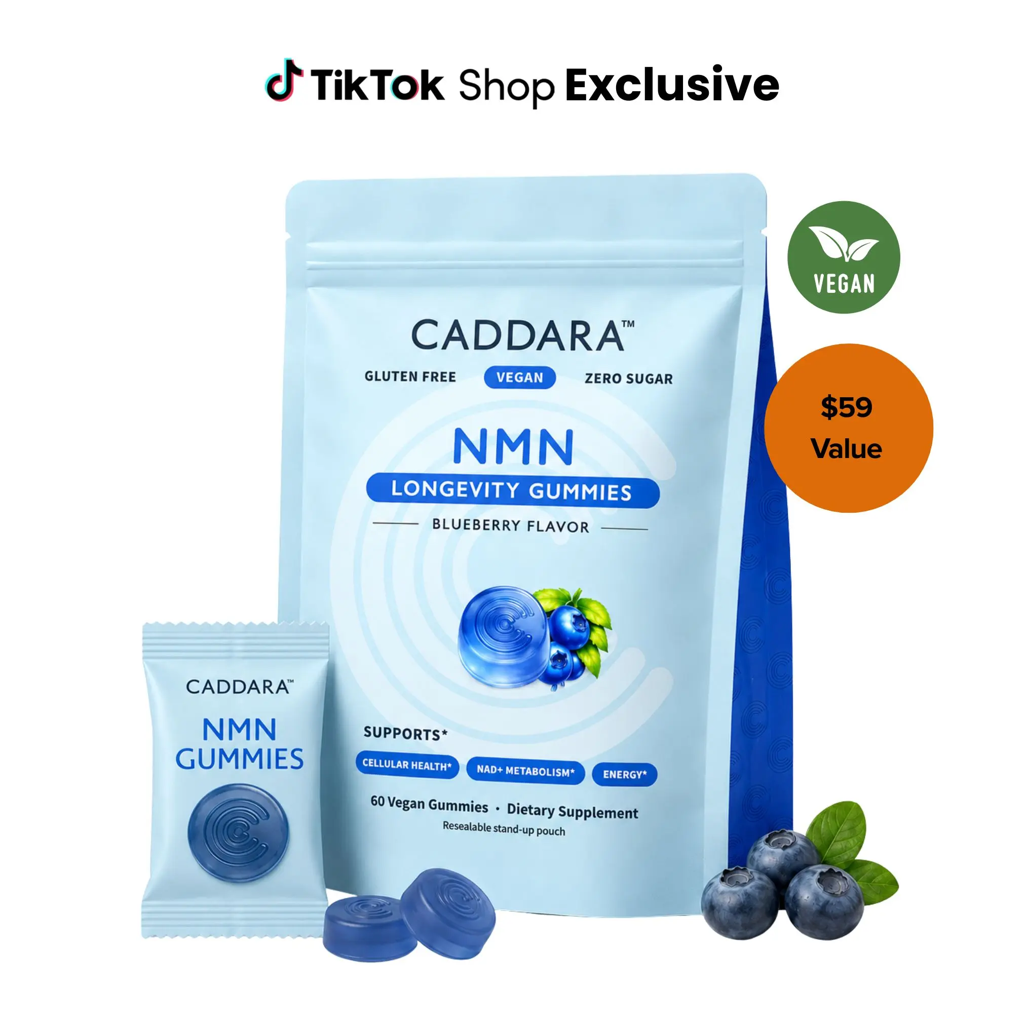 CADDARA NMN Gummies, Longevity Supplement with β-Nicotinamide Mononucleotide & Niacinamide, Supports NAD+ Metabolism, Cellular Energy & Healthy Aging, Blueberry Flavor, 60 Vegan Gummies