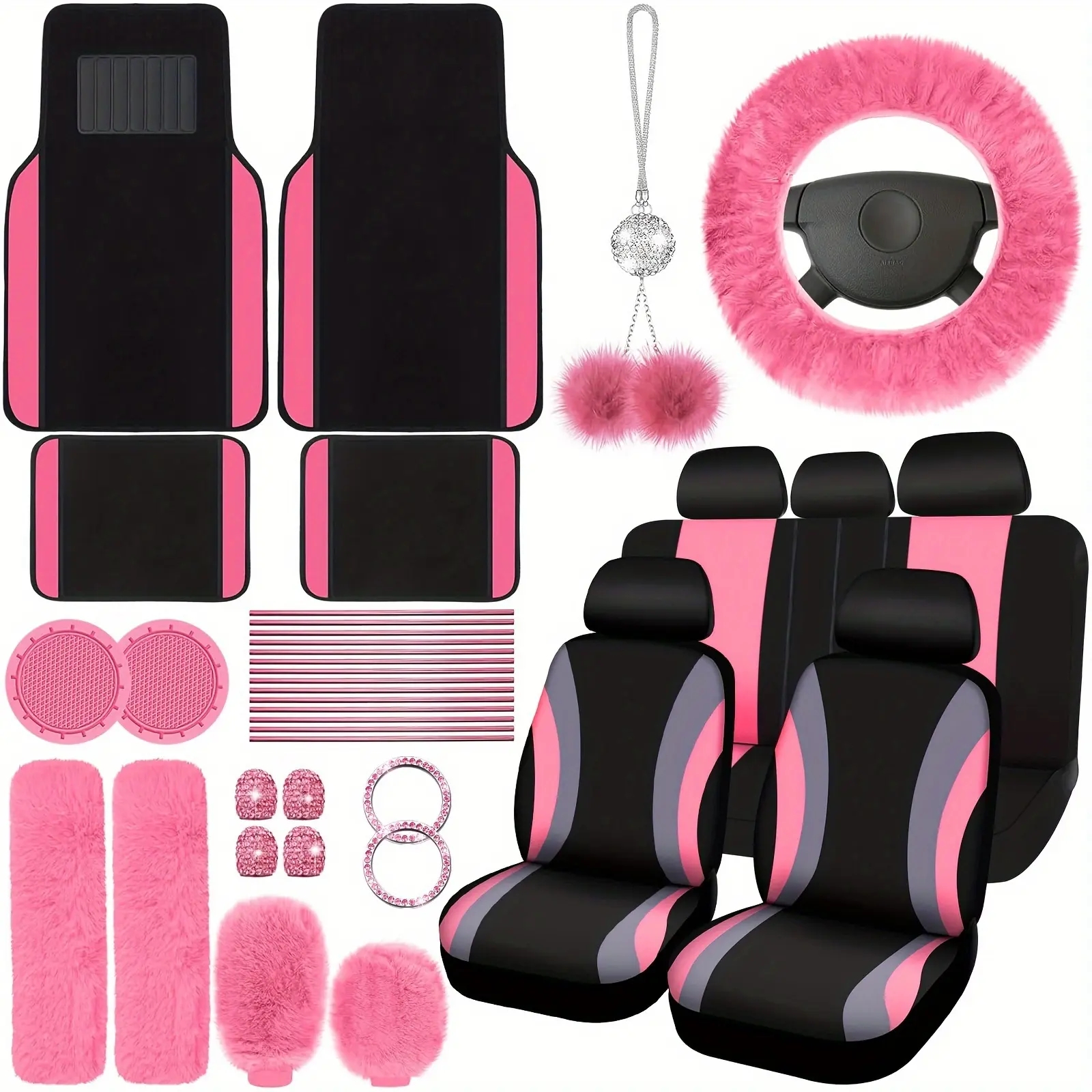 47 Car Seat Cover Full Set Car Seat Covers For Car Front Rear Seat Cover Fluffy SteeringWheel Cover Seat Belt Automotive Floor Mats Car Air Conditioner Decoration Strip CarAccessories Women