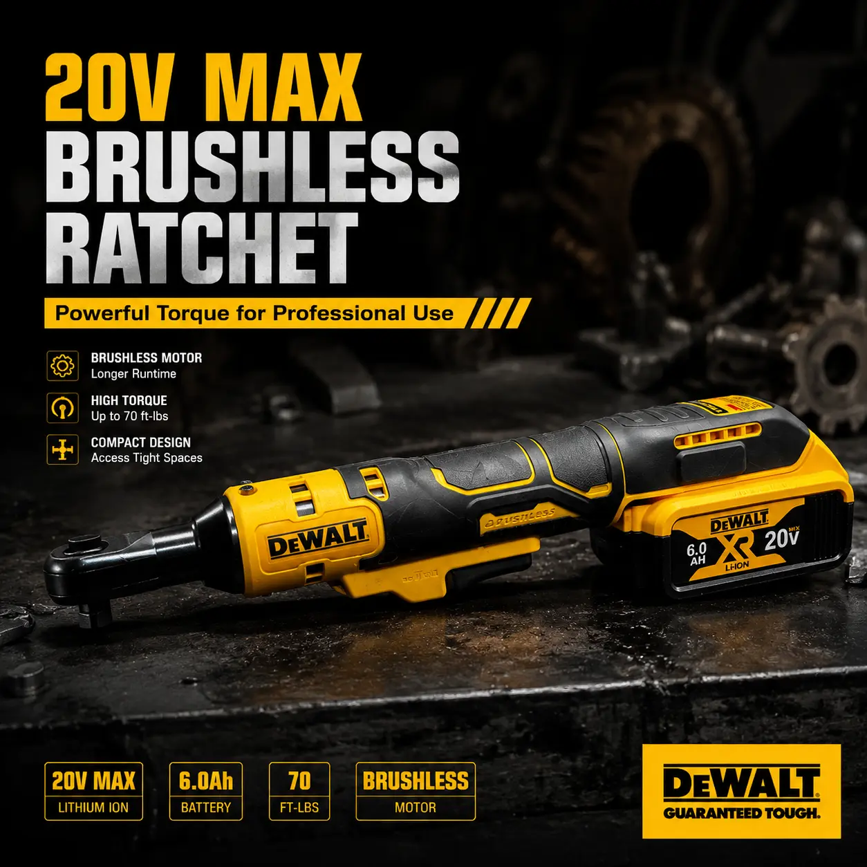 DEWALT DCF512 Brushless Ratchet, 1/2 in Drive, 70 ft-lbs Torque, Compact Low-Profile Head for Mechanical Work, Garage Repair Jobs & DIY Projects big tool task electric driver power machine truck outdoor hand battery maintenance