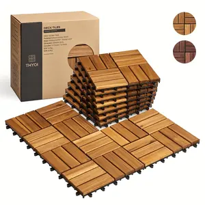 Set 10 premium deck tiles interlocking deck tile wooden patio flooring outdoor waterproof acacia wood decking all weather for balcony indoor and outdoor use golden teak round joints