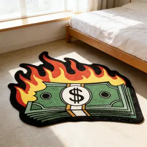 Flame dollar banknote shaped carpet, red green contrasting velvet floor mat, bedroom bedside anti slip and wear-resistant foot mat, bedroom rugs, trendy and cool personalized space decoration mat, suitable for ins style/street trend home decoration