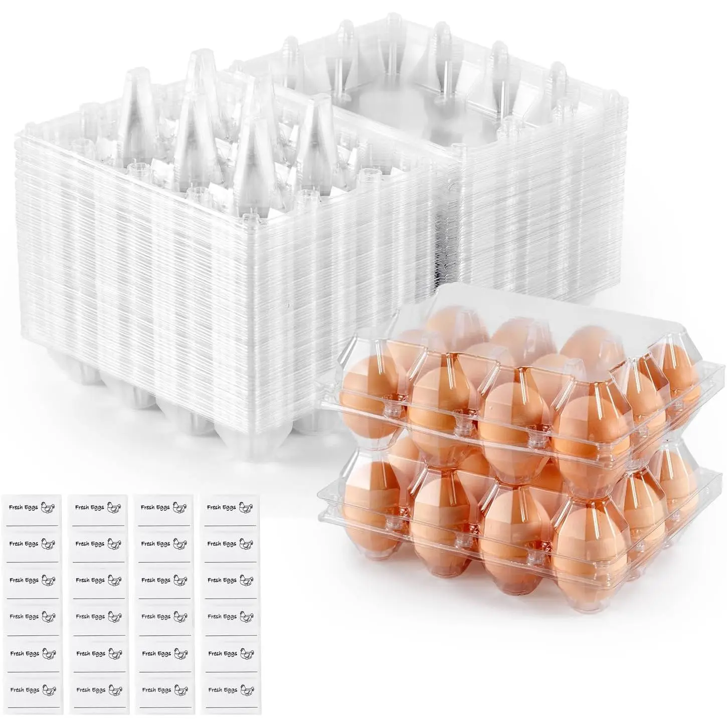 60PCS Egg Cartons Cheap Bulk with Sticker Labels, 3x4 Plastic Egg Carton for Fresh Medium Eggs, Reusable Chicken Egg Container Bulk Egg Holders for Refrigerator, Storage, Family, Chicken Farm, Market