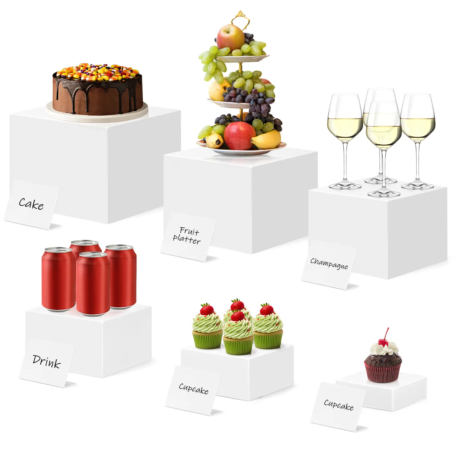 6-Pack Assorted Sizes Square Transparent Smooth Minimalist Acrylic Photo Display Boxes (3in,4in,5in,6in,7in,8in) - 1-Layer Stackable Space-Saving Home Organizer Buffet Risers for Party Catering, Table Decor