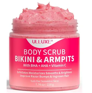 Bikini Area Exfoliator with 10% AHAs BHA & Vitamin C, Exfoliating Body Scrub for Ingrown Hair and Underarm Bumps, Dark Spots, Moisturize Brighten Soothe & Even Skin Tone, Sensitive Skin Safe, 7.76 oz