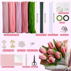 500PCS Pipe Cleaners Craft, Pipe Cleaners Flowers Kit, Chenille Stems for Crafts with Wrapping Paper, Flower Stamens, Stems Art and Craft Supplies