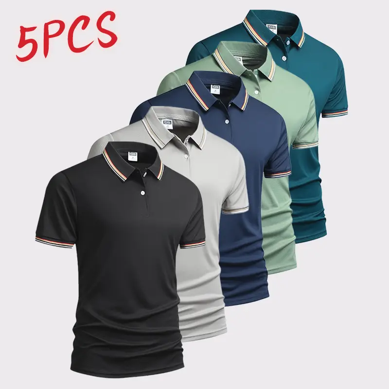 Men's Fitted Quick Dry Colorblock Striped Polo Shirts (Pack of 5) - Classic Button-Down Collar, Short Sleeve, Trendy Casual Sports Top, Suitable for Golf, Outdoor Activities