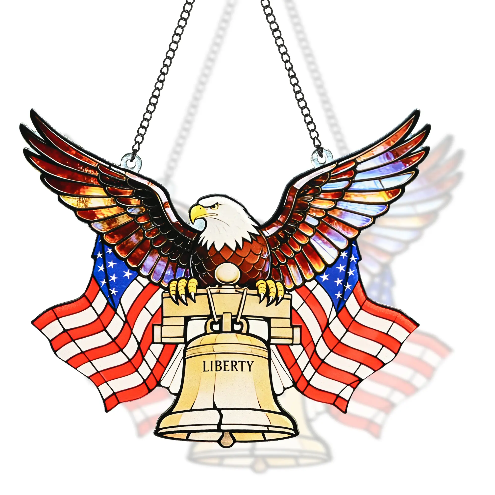 7.8 in Hangable Stained Glass American Bald Eagle Suncatcher - All Hardware (Including Hook) Included, Patriotic Hanging Home Decor, Stars Stripes Ornament, 4th of July, Memorial Day Anniversary Gift for Veterans