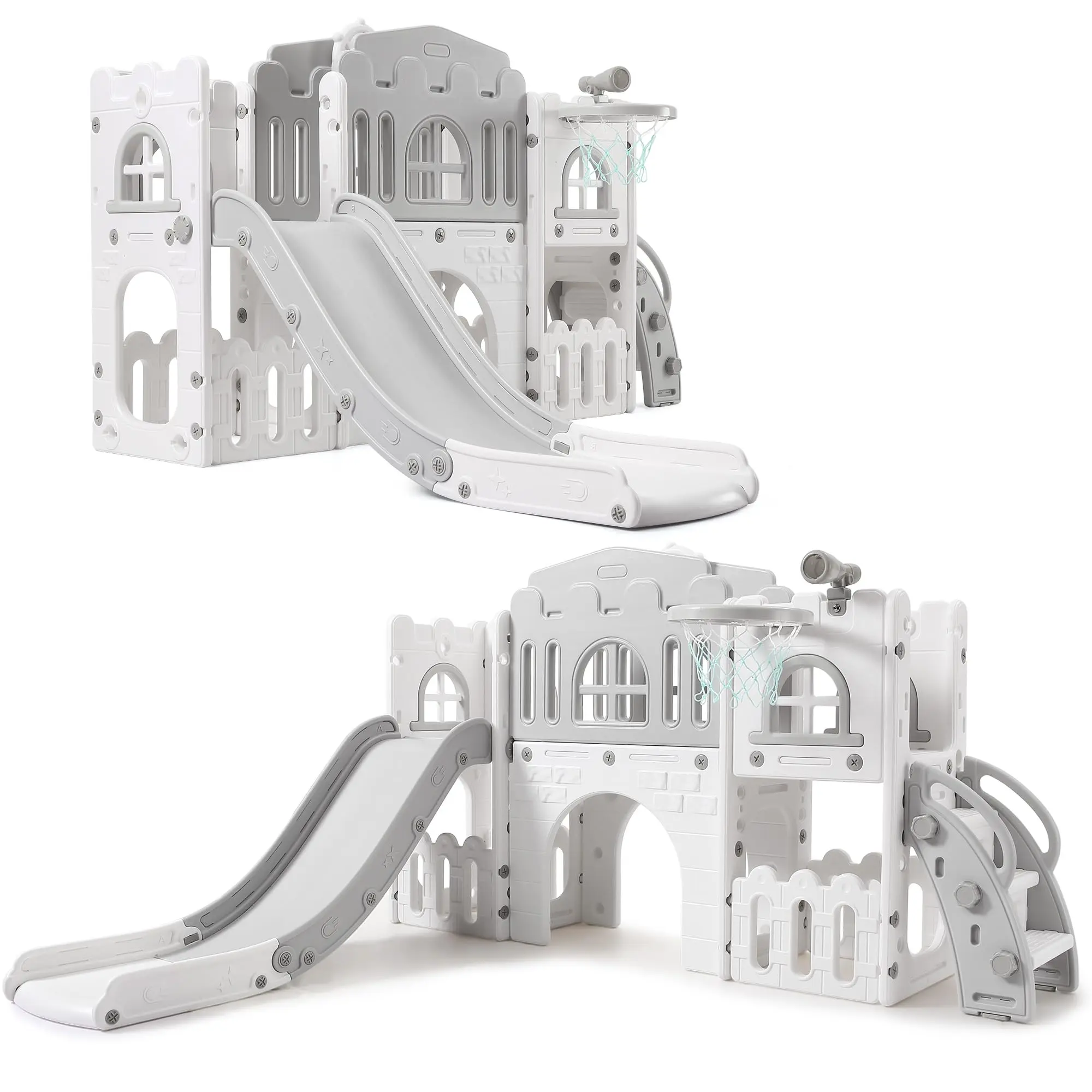 8-in-1 Toddler Slide Playset - Indoor & Outdoor Playground Equipment with Climber, Crawling Tunnel, Basketball Hoop, Telescope, Toy Storage, for Ages 1-3, Space‑Saving