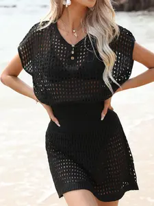 Women's Solid Color Hollow Out Knit Cover Up Dress, Casual Long Sleeve Open Front Cover Up for Beach Holiday Vacation, Ladies Clothes for All Seasons