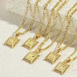 Initial Pendant Necklace for Men and Women, 18K Gold Plated Square, Figaro Chain Necklace from A to Z