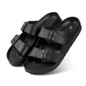 Slipper for Gentlemen Men's Adjustable EVA Slides - Comfortable, Non-Slip, Waterproof with Double Buckle Straps for Indoor & Outdoor Use, Black, Outdoor Slides|Casual Style|Antislip Sole
