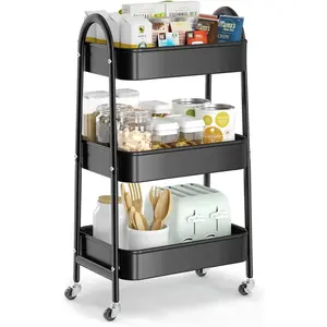 3 Tier Metal Rolling Utility Cart with Lockable Wheels, Heavy-Duty Storage Organizer for Kitchen Office Bathroom Craft Room, Easy Assembly Black/Gray