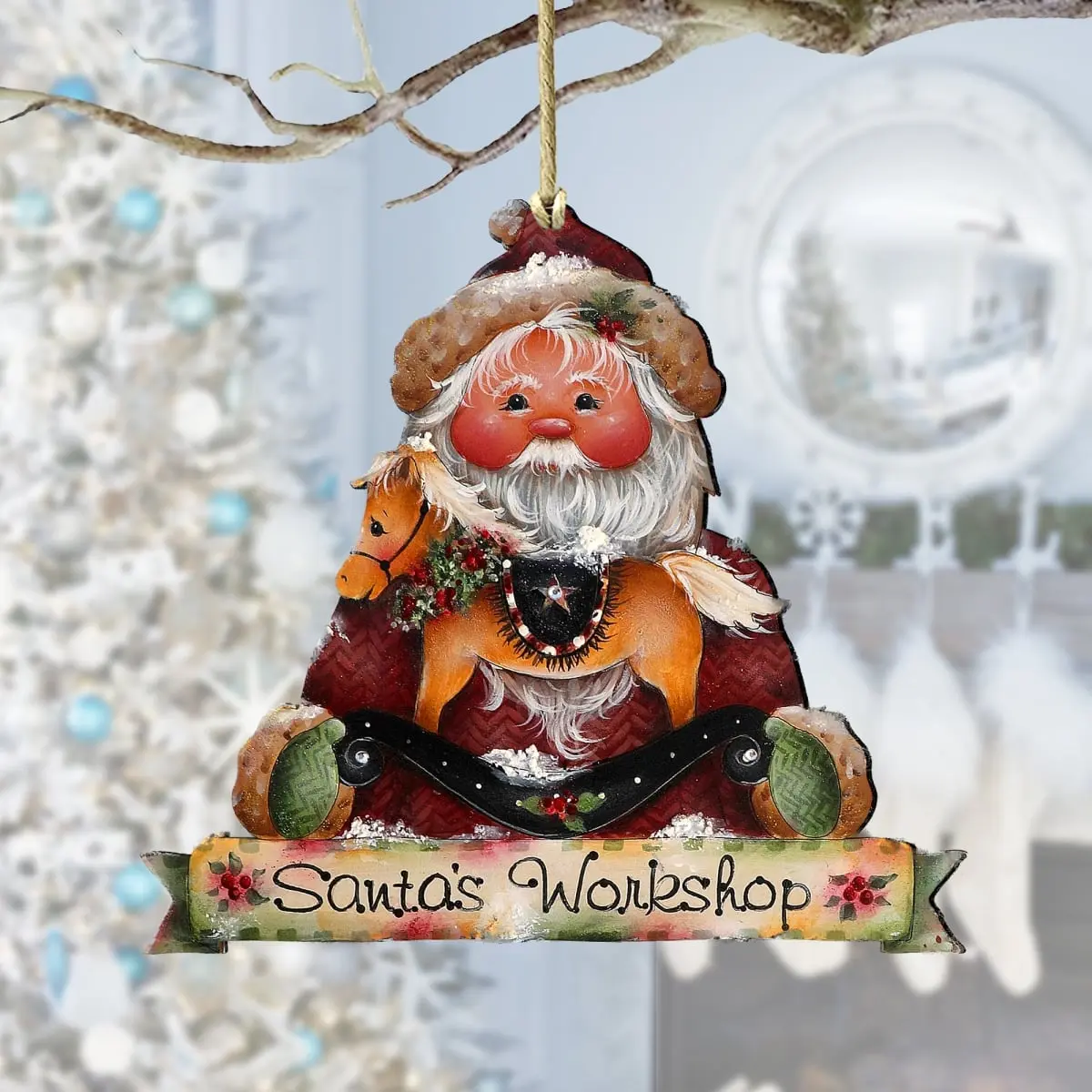 Designocracy 8611068-2-MP Hand-Crafted Artistic Wooden Vintage Christmas Ornaments (5x5.5x0.25 in Santas Workshop Santa & Snowman Pieces) - UV-Resistant, Outdoor-Friendly Home & Gift Decor, Festive Accessory with Gift Bag, Artistic Detail, Vintage Christm