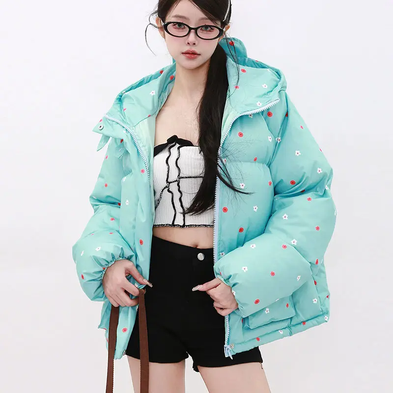 Overcoat 2025 New Fashion Temperament Warm Hooded Women's Quilted Cotton Coat Winter Casual Floral Prints Women Cotton Coat H748