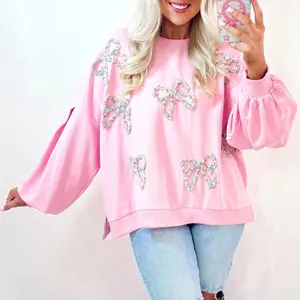 Women's Oversized Embroidered Bow Pullover - Pink Lantern Sleeve Sweatshirt