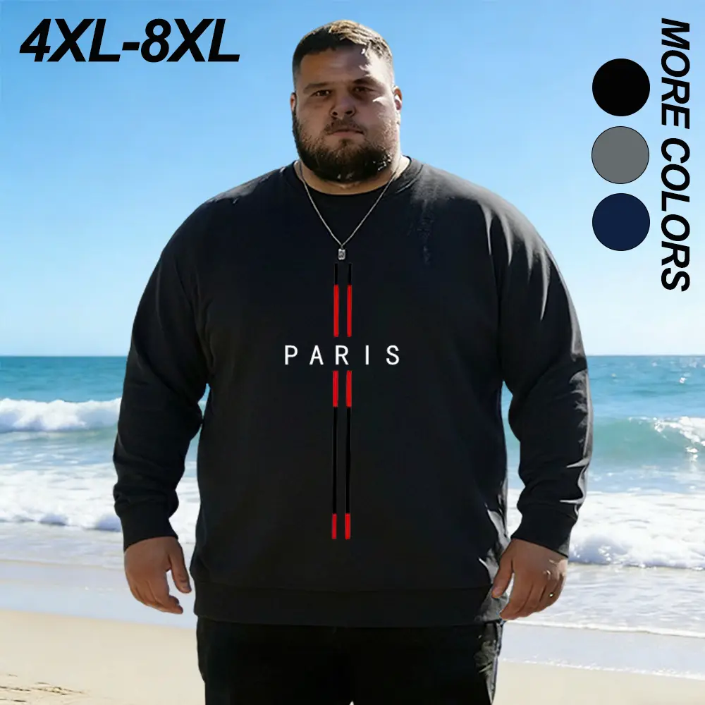【4XL-8XL】Men’s autumn oversized printed crewneck long-sleeve sweatshirt, 1-pack, loose casual fit with extra room, solid color, simple and versatile long sleeves, suitable for daily commuting and casual sports