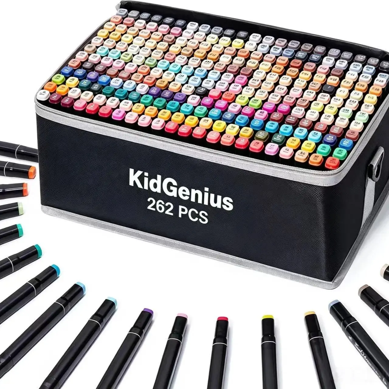 KIDGENIUS Dual Tip Alcohol Markers Set, 262/168/120 Vibrant Colors, Waterproof Anti-Dry-Out Ink, Portable Travel Carrying Pouch, Multi-Surface Art Pens for Rock, Wood, Glass & Paper, Outdoor Plein Air Sketching, On-the-Go Creation, Artist Drawing Supplies