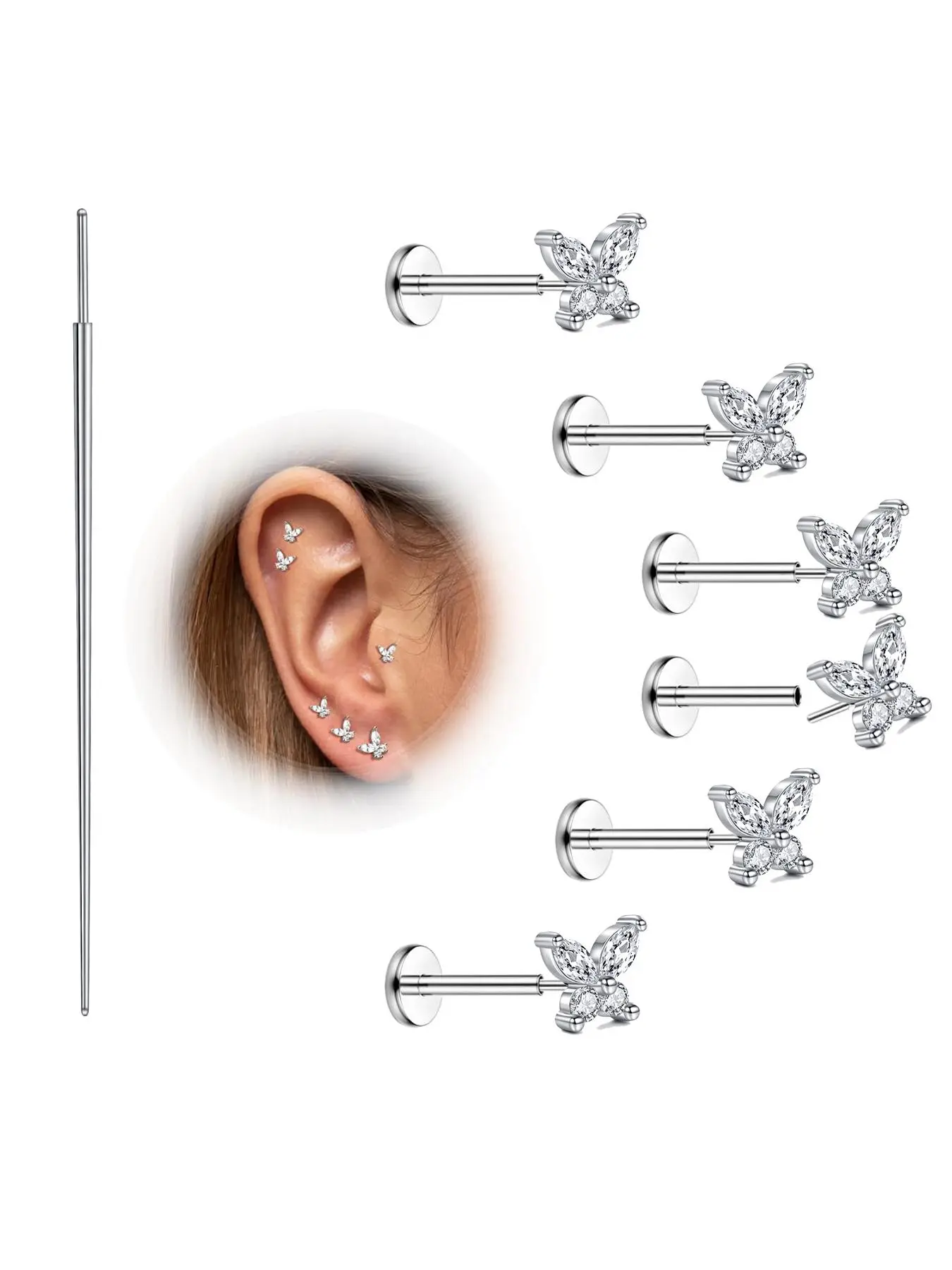 7pcs Butterfly Cartilage Earrings Studs Threadless Flat Back Hypoallergenic Stainless Steel Ear Jewelry, Body Piercing Jewelry, Nose Piercing Jewelry, Push Pin Studs for Tragus Helix Nostril Conch Piercings 20g 6mm