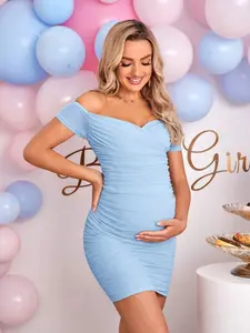 Loomaby Gender Reveal Dress Maternity Off-Shoulder Ruched Bodycon Dress Baby Shower Dress