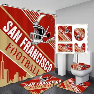 Creative San Francisco American Football Bathroom Curtain Set, Includes Toilet Cover, Bath Mat, Shower Curtain, 12 Plastic Hooks, Modern Home Decoration, Bathroom Decoration Accessories