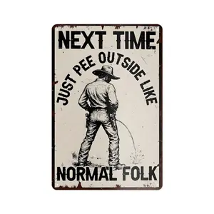 Retro Cowboy Pee Outside Metal Sign, Funny Western Bathroom Wall Decor for Home, Restroom, Bar, Man Cave, Novelty Gift for Cowboy Lovers