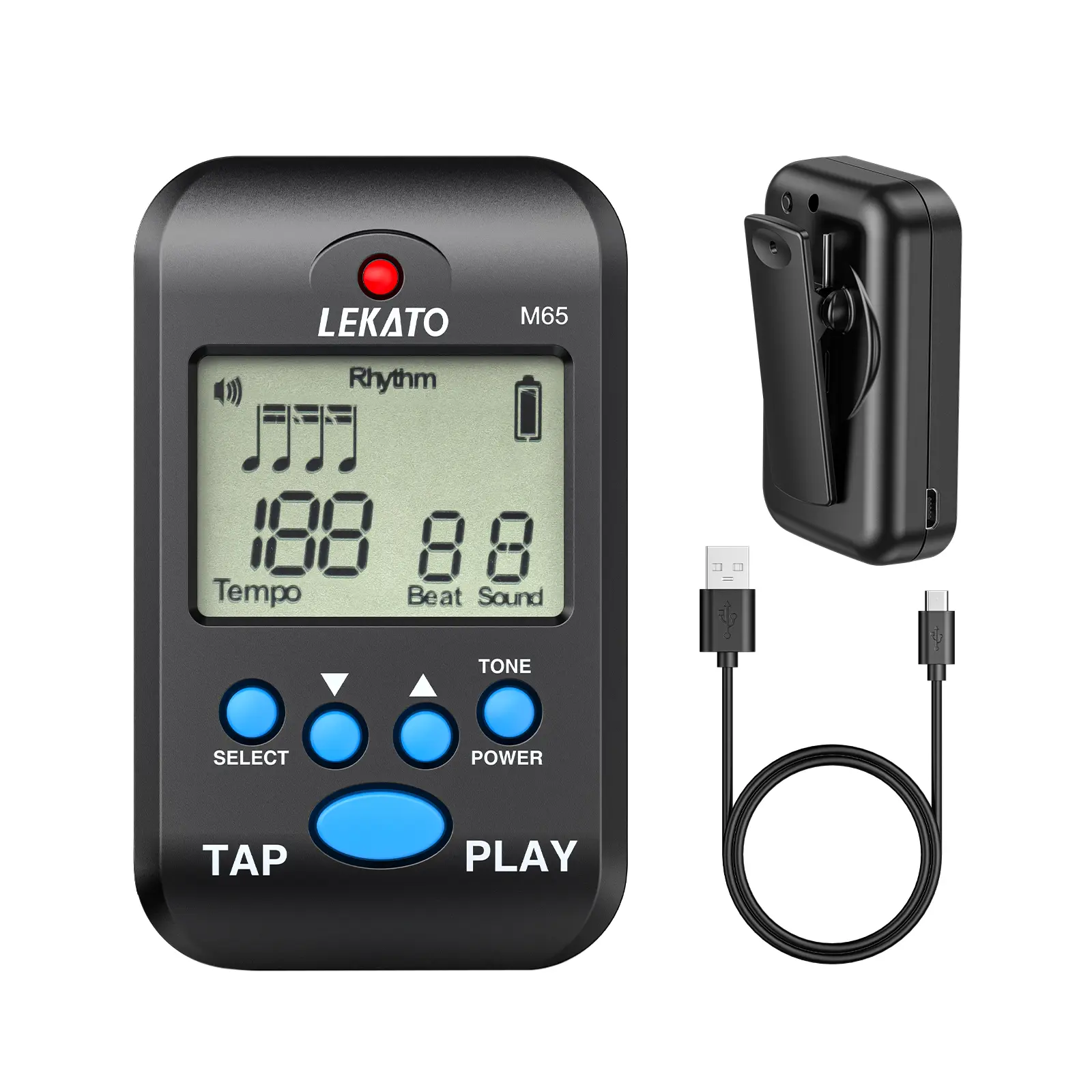 LEKATO M65 Clip on Digital Metronome, Electronic Mini Metronome, with 10 Beat Sounds, Rechargeable LCD, Human Voice, Volume Adjustable, Portable Metronome for Piano, Guitar, Flute, Violin, Drum