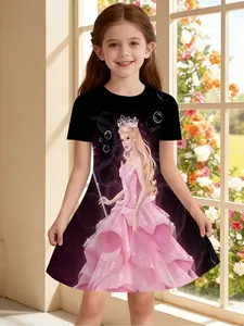 2026 Summer Bestseller Fashion Girls' Long Hair Princess Rapunzel Print Short Sleeve Dress, A-Line Party Casual Dress, Sizes 110-160