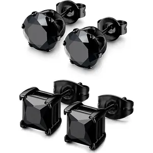 Men's Hypoallergenic Black Stud Earrings Jewelry Set 316L Stainless Steel Square Round CZ Earrings 3-8mm Black Silver