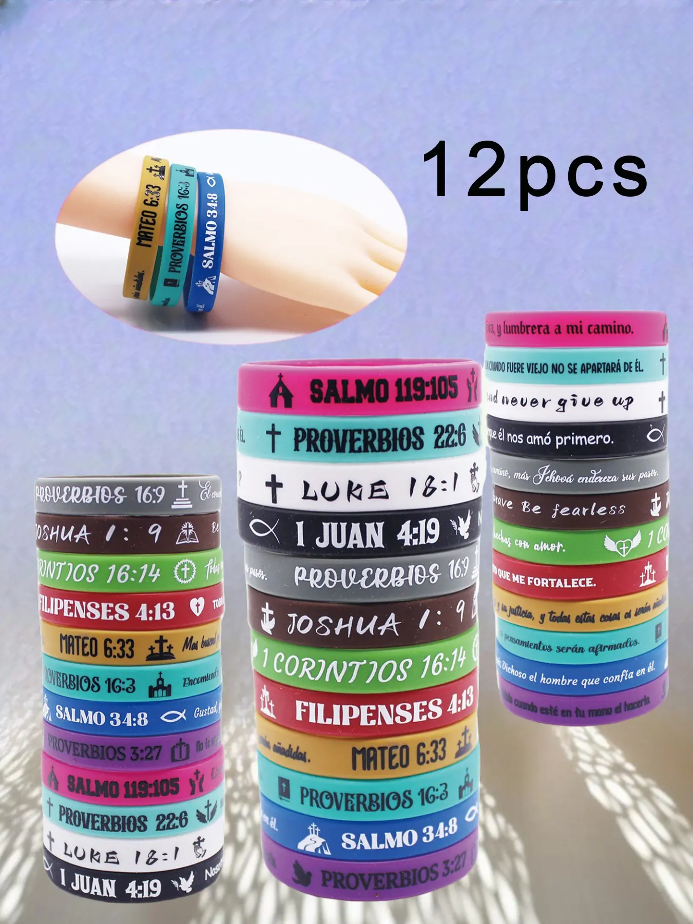 12pcs Christian Design Silicone Word Bracelets with Inspirational Quotes, Stretchy Bracelets, Daily Wear and Gift Ideas, Bracelets Stacking, Motivational Wristbands for Men and Women