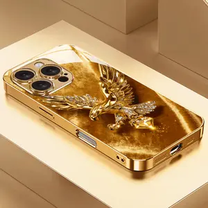 High-end Fashion Luxury Gold Eagle Pattern Electroplated Glass Phone Case Suitable for iPhone 17, 16, 15, 14, 13, 12, 11, Pro Max, Plus, Pro, 16E, and 17 Air Models, Phone Accessories, Various Models Available for Gift Recommendations, High-end Phone Acce