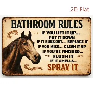 2D Flat Funny Horse-Themed Bathroom Rules Metal Sign | Rustic Farmhouse Wall Decor, Toilet Suitable, Iron Horse Design Signage for Horse Lovers, Stable Rules Decoration for Décor