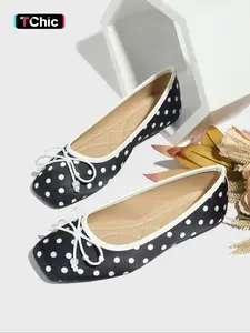 Women's Square Toe Mary Jane Shoes, Polka Dot Design, Comfortable Lightweight Flat Casual Shoes for Fall Winter, Mary Jane Flats