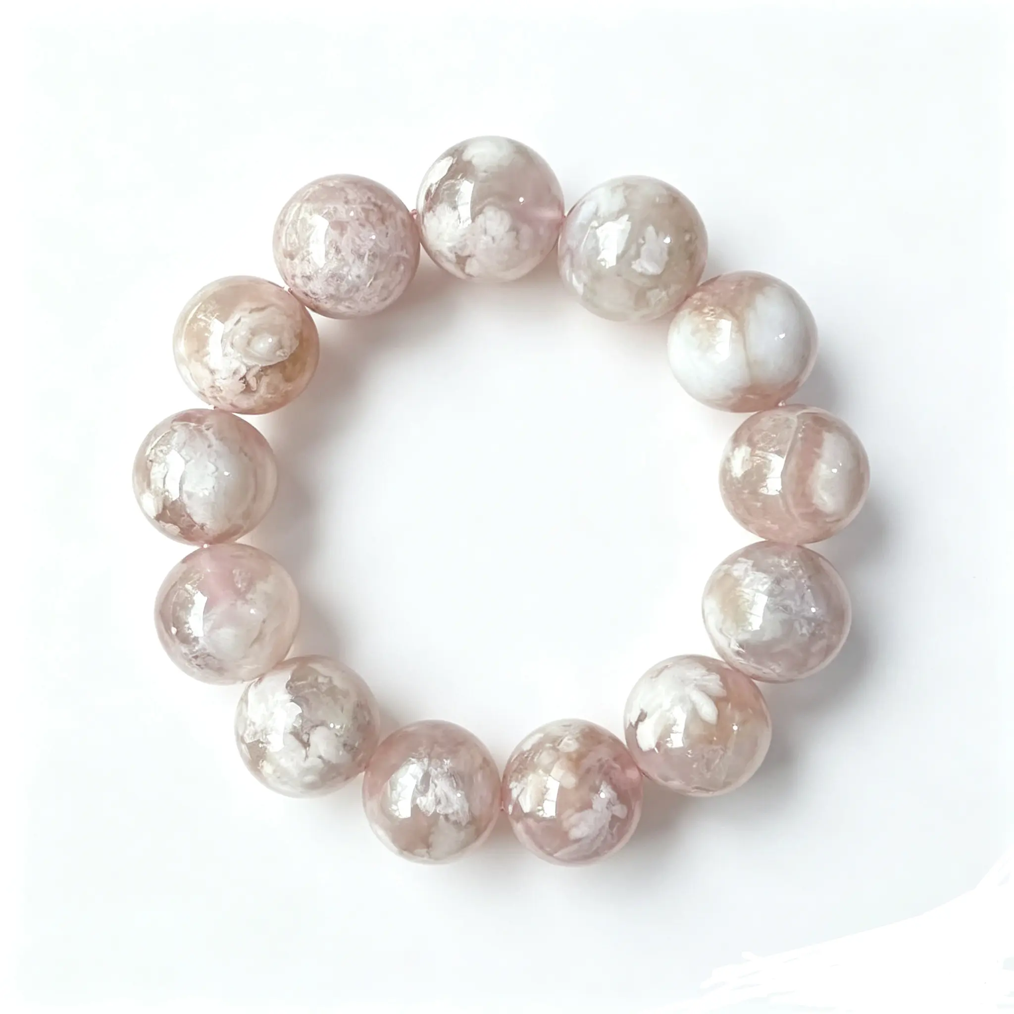 Natural 16mm Flower Agate Round Beaded Bracelet, Pink Cherry Blossom Pattern Crystal Bracelet, Unisex Elastic Wrist Jewelry, Daily Gemstone Bracelet for Gift
