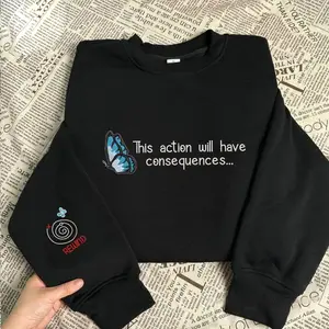 Women's Fitted Longsleeve Pullover Tops - Life Is Strange Embroidered Hoodie, Casual Polyester Plus Size Clothes with "This Action Will Have Consequences" Game Quote