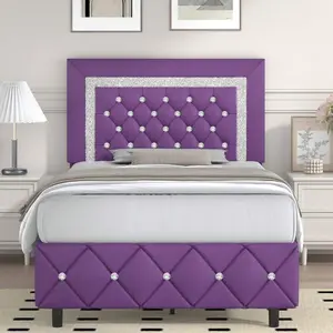 Upholstered Bed Frame, Modern Platform Bed Frame With Diamond Headboard And Footboard, No Boxing Spring Needed, Easy Assembly, Black/ Grey/ Pink/ Purple/ White/ Beige / Green, Twin/ Full/ Queen/ King