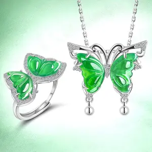 Sliver Natural Jade Necklace Ring Green Butterfly Pendant Gifts for Women Wife Wedding Birthday Anniversary Jewelry-Mom Girlfriend Her Mothers Day Gifts for Mom Women Valentines Day Christmas Day Gifts
