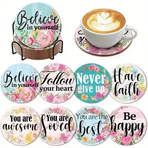 8-Piece Diamond Painted Coaster Set with Letter Patterns, DIY Diamond Art Craft Kit for Beginners, Diy Craft Supplies, Home Decor Gift, Diamond Painting Kits