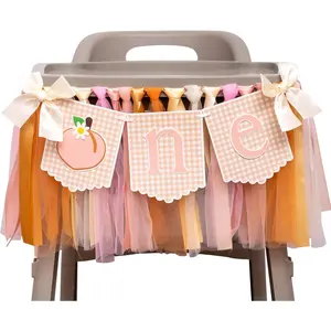 Peach Theme 1st Birthday Banner – One High Chair Garland with Tulle & Ribbon One Sweet Peach Party Decoration 1st Birthday Photo Prop