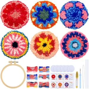 Punch  Coasters Kit Adults Beginners, 6 count DIY Easy Coaster Embroidery Set for Starter Art Craft, Needling Punching Project with Patterns, Tools, Yarns, Hoop, Instruction