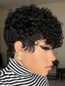 8 Inches Pixie Cut Curly Human Hair, Kinky Curly Wig, Glueless Wig for Women, Short Layered Pixie Wigs with Bangs, Casual Everyday Use, No Ca Prop 65 Re