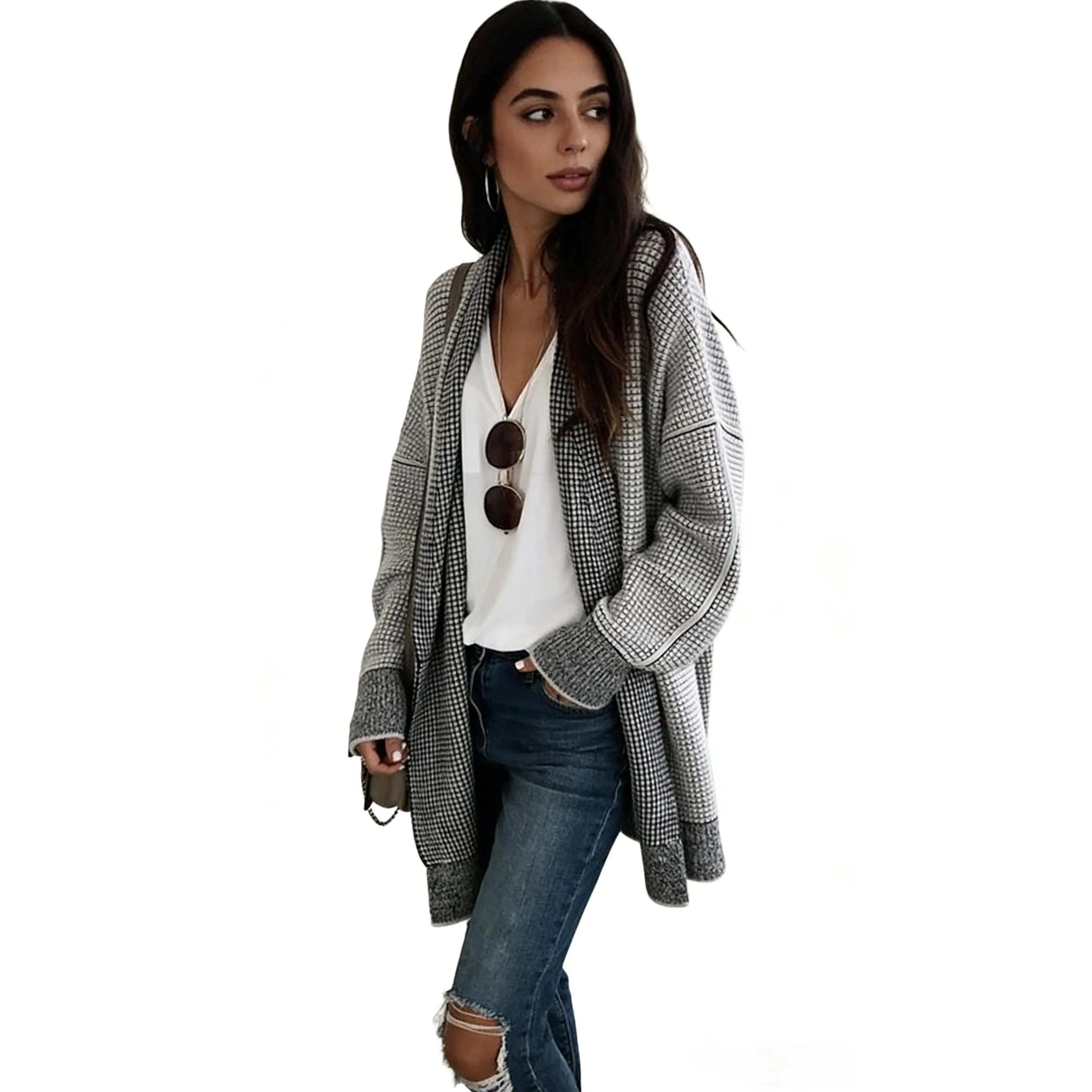 Womens 2026 Fall Outfits Long Sleeve Open Front Cardigan Sweaters Oversized Checkered Chunky Knit Sweaters Coat | Best Seller Boyfriend Style Checkered Cardigan | Viral TikTok Trend Layering Essential for Fall Winter 2026