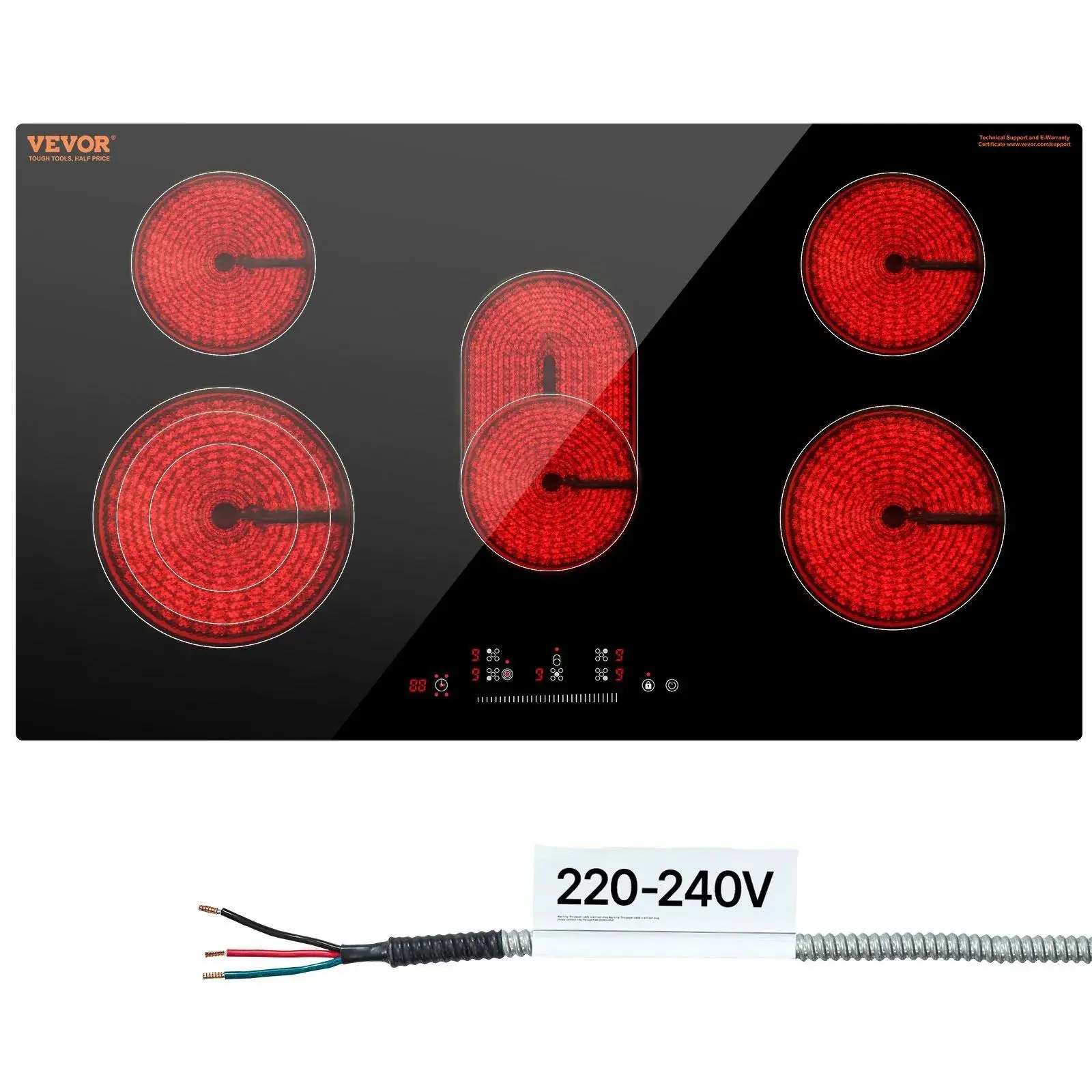 【Backtoschool】VEVOR 36-in 5-Burner Built-in Electric Cooktop - 8600W Household Kitchen Appliances Hob Stove, Ceramic Glass Panel, Touch Control, Timer, Child Lock, 9 Heat Levels, 220-240V Hardwired (No Plug) for Stainless Steel/Cast Iron Skillets, Display