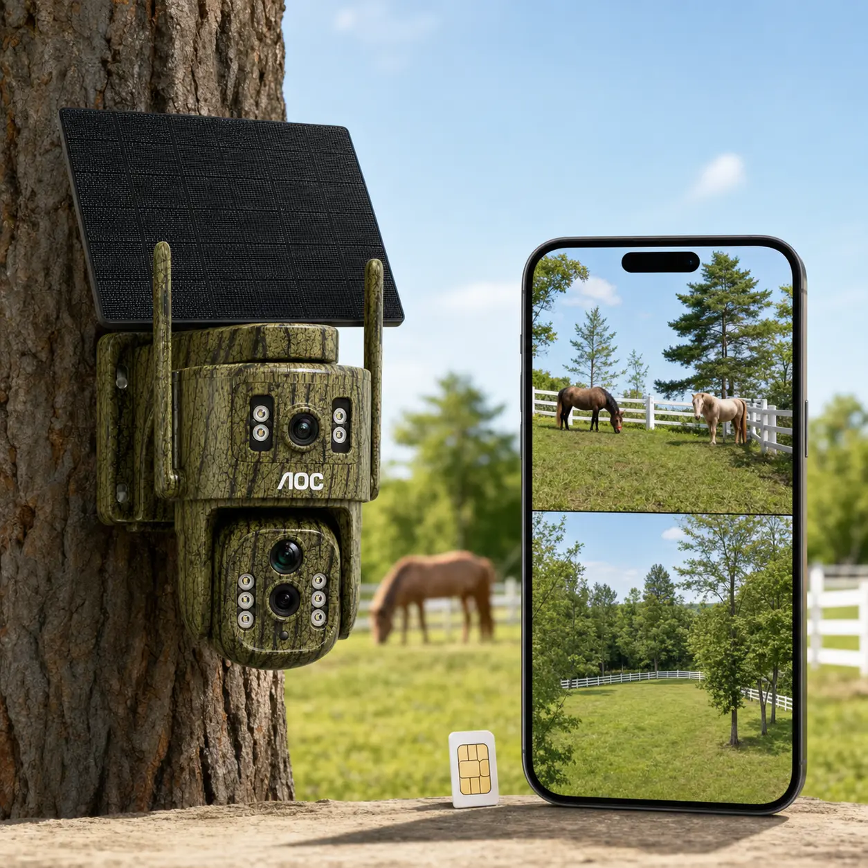 AOC 4G LTE Solar Camera for Wildlife and Animal Activity Monitoring, Farm, Orchard and Woods, No WiFi Needed, Dual 2MP Lenses with PTZ, Motion Detection, Color Night Vision, 2-Way Audio, AOV All-Day Recording, IP65