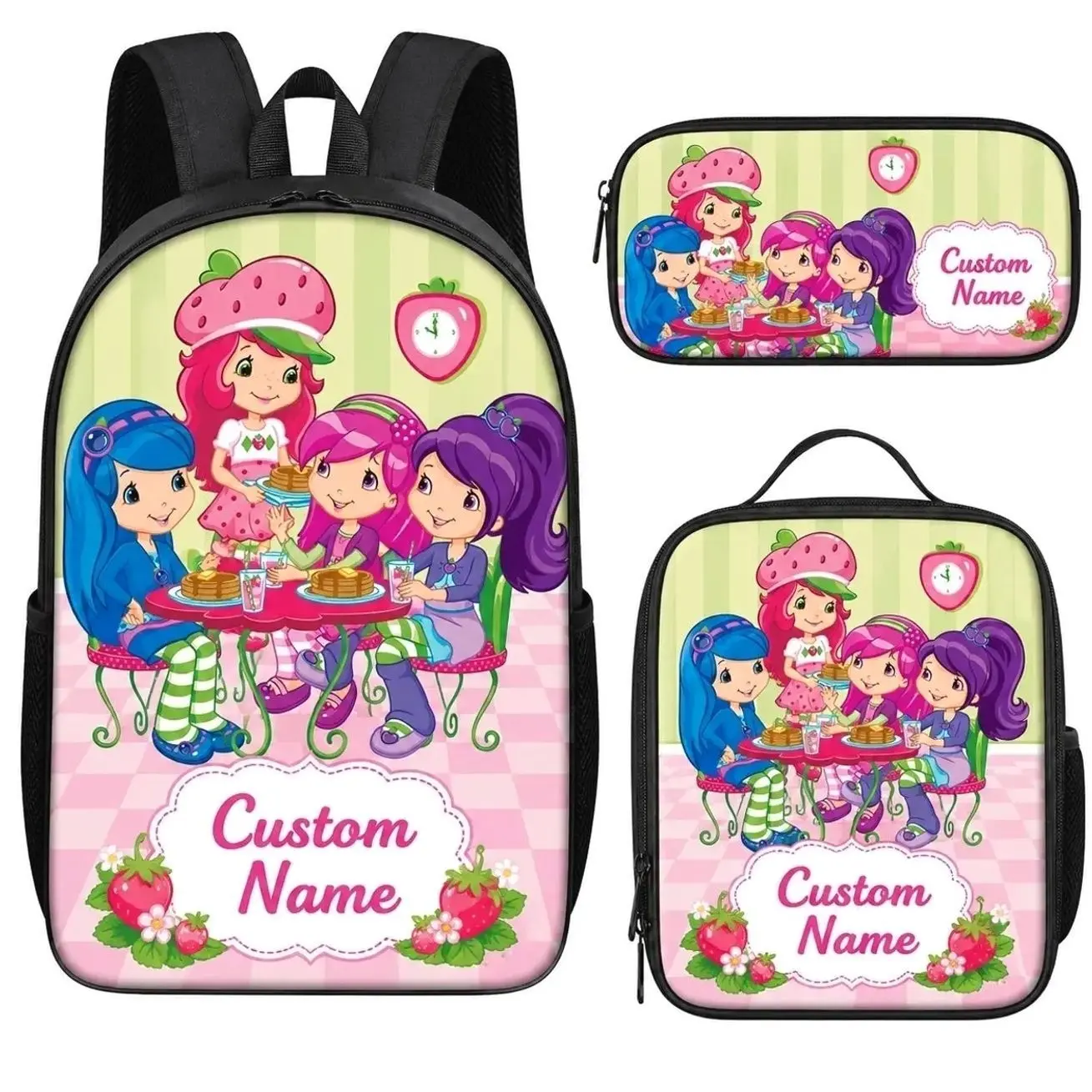 Personalized Strawberry Kids Backpack Set, Custom Name 3 Piece School Bag with Lunch Bag & Pencil Case