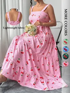 Women's Plus Size  Gingham Maxi Dress Lightweight for Spring and Summer，Easter Outfit Cherry Print ,Tiered Sundress Cottagecore Beach Vacation Spring Break Casual Loose Fit Flowy Elegant Boho Long Dresses Square Neck Wide Straps Soft Summer 2026 Viral